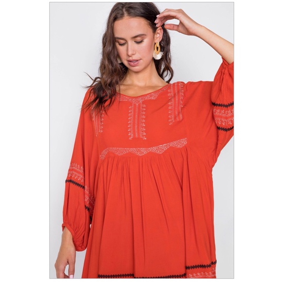Dusty Red Embroidery Long Sleeve Boho Mini Dress - Picture 3 of 5